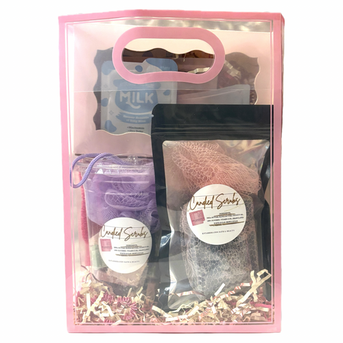 Gift set with products including a bottle, scrubber, and towel in a pink box. Handmade sugar scrub
Natural whipped body butter
Artisanal bath bombs
Hydrating lip mask
Glowy skin products
Clean beauty body care

Gifting & Bundles:

Self-care gift box

Aesthetic skincare gift set

Spa day gift basket

Bridesmaid proposal box ideas

Care package for her

Skincare sampler kit

Aesthetics & Routines:

Pink aesthetic skincare

Daily skincare routine

Shower romanticization

Aesthetic bath routine
Glass skin